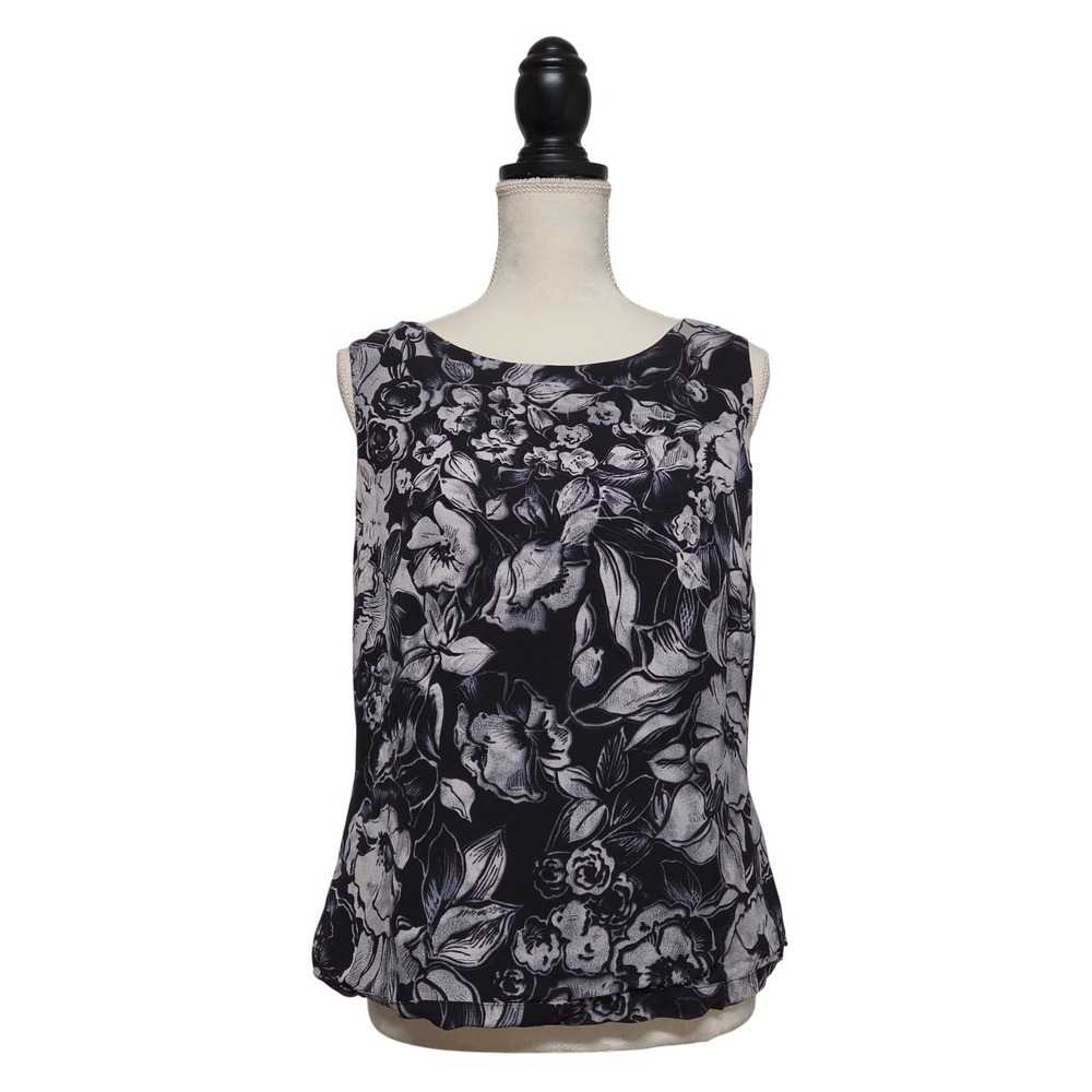 Y2K Silk Chiffon Black & Gray Floral Button Back Top Size 12 Whimsigoth